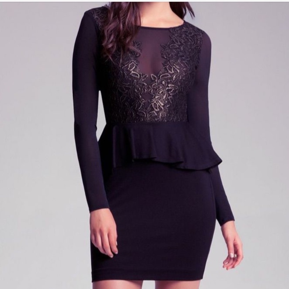 Stunning Bebe Black and Gold Lace Mesh Peplum Dress